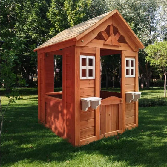 All-Wood Children's Playhouse With 2 Windows And Pot Stands