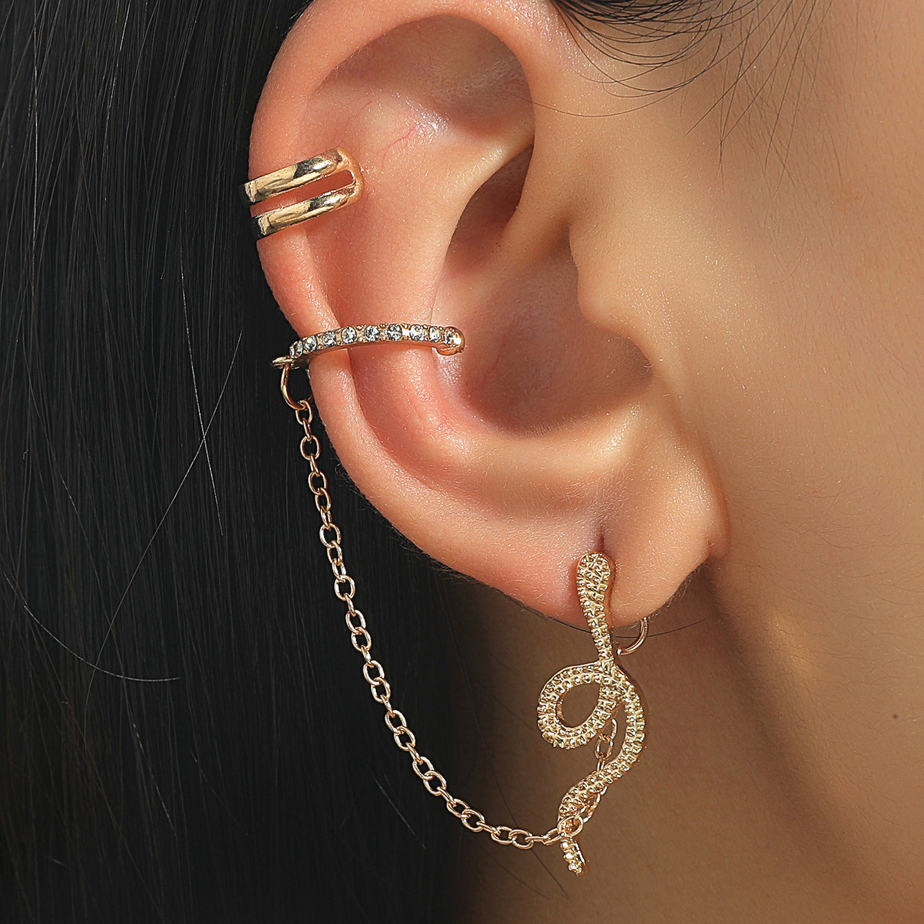 Snake-Shaped Chain Ear Clip Net Red Full Diamond Animal Earrings Female