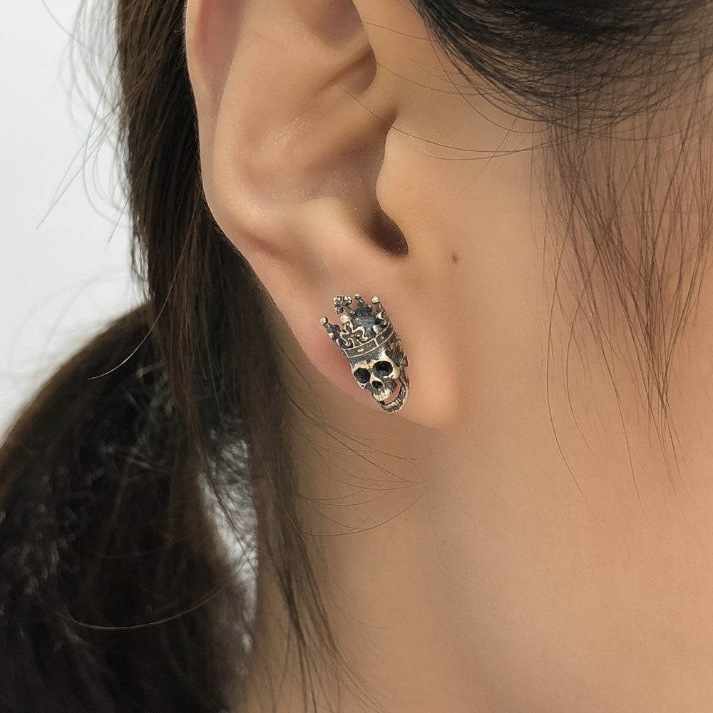 Silver Skull King Crown Vintage Earrings