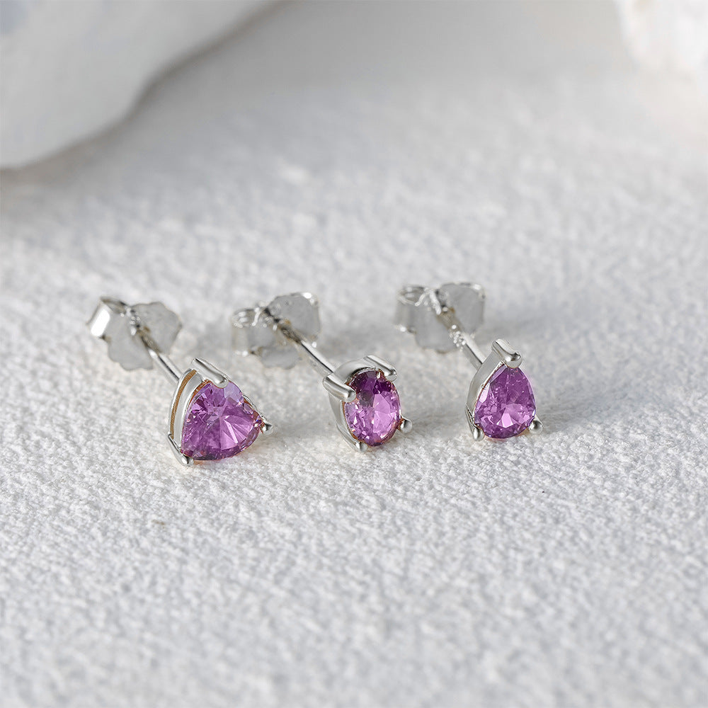 S925 Sterling Silver Purple Cluster Heart-Shaped Diamond Stud Earrings