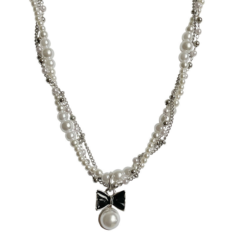 Bow Stitching Pearl Double-layer Winding Necklace Female Special Interest Light Luxury Y2g Hot Girl Sweet Cool Clavicle Chain Ornament