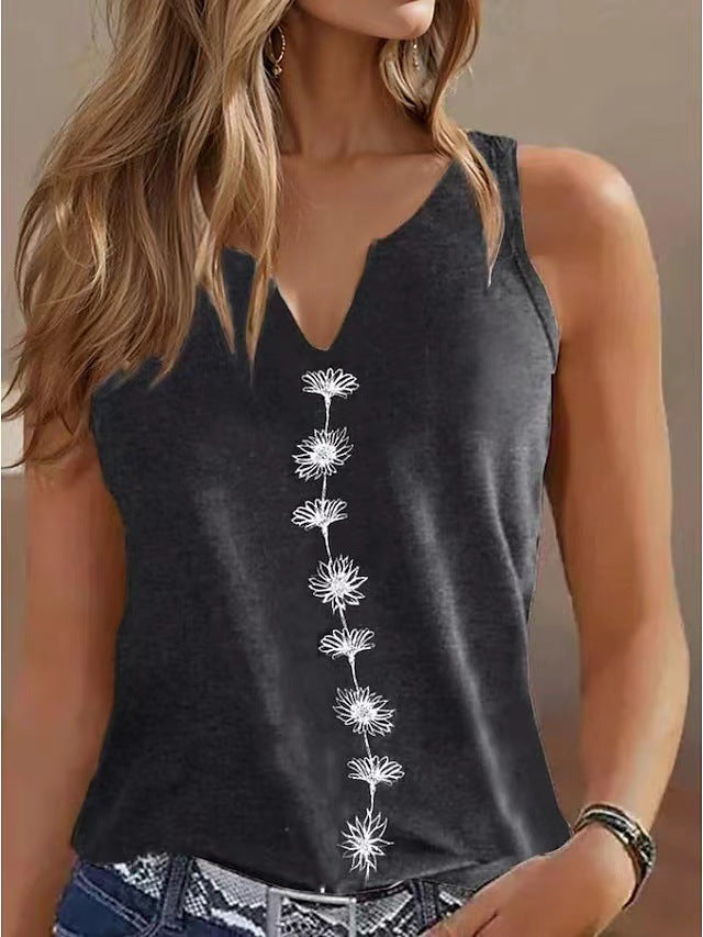 Casual Loose V-Neck S Print Sleeveless T-Shirt Women