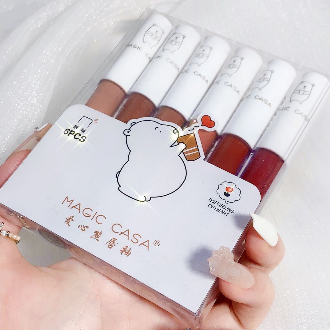 MAGIC CASA Love Bear Lip Lacquer Six Sets Not Easy To Fade Lipstick Matte Moisturizing Lip Mud Cross-Border Makeup