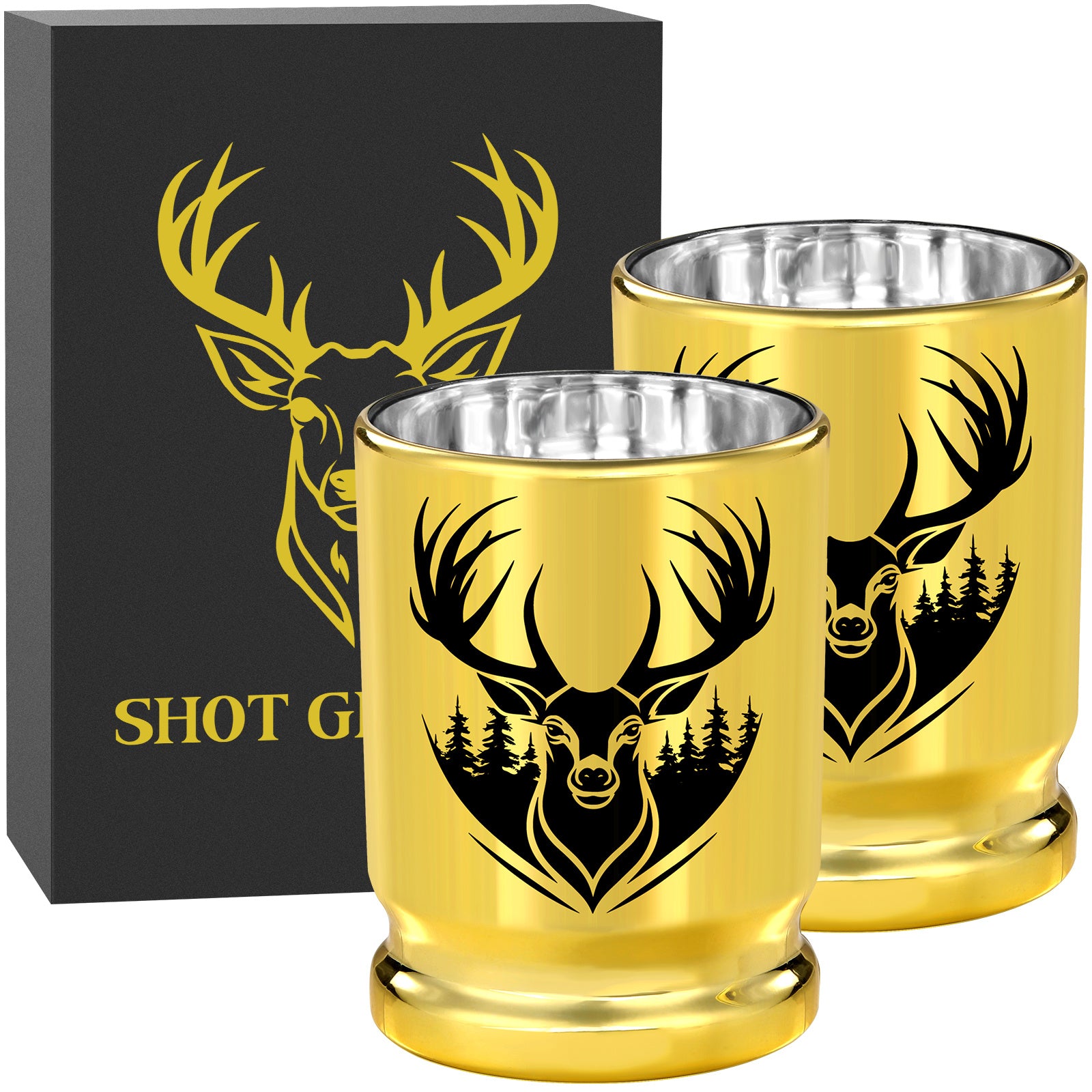 2pcs 50 Caliber Deer Head Golden Plastic Wine Glasses With Gift Box - Leak Proof, Reusable - Stylish Animal Print Design, Suitable For Whiskey, Tequila, Etc