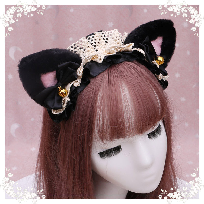 A Lovely Japanese Lolita Hairdress, Catwoman Plush Lolita Headdress, Lace Cat Ear Hair Band