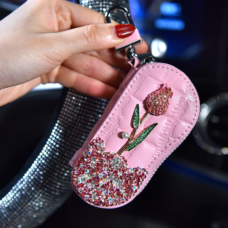 Car Key Case With Diamonds And Roses Cute Female Creative Personality Fashion Car Key Protection Cover