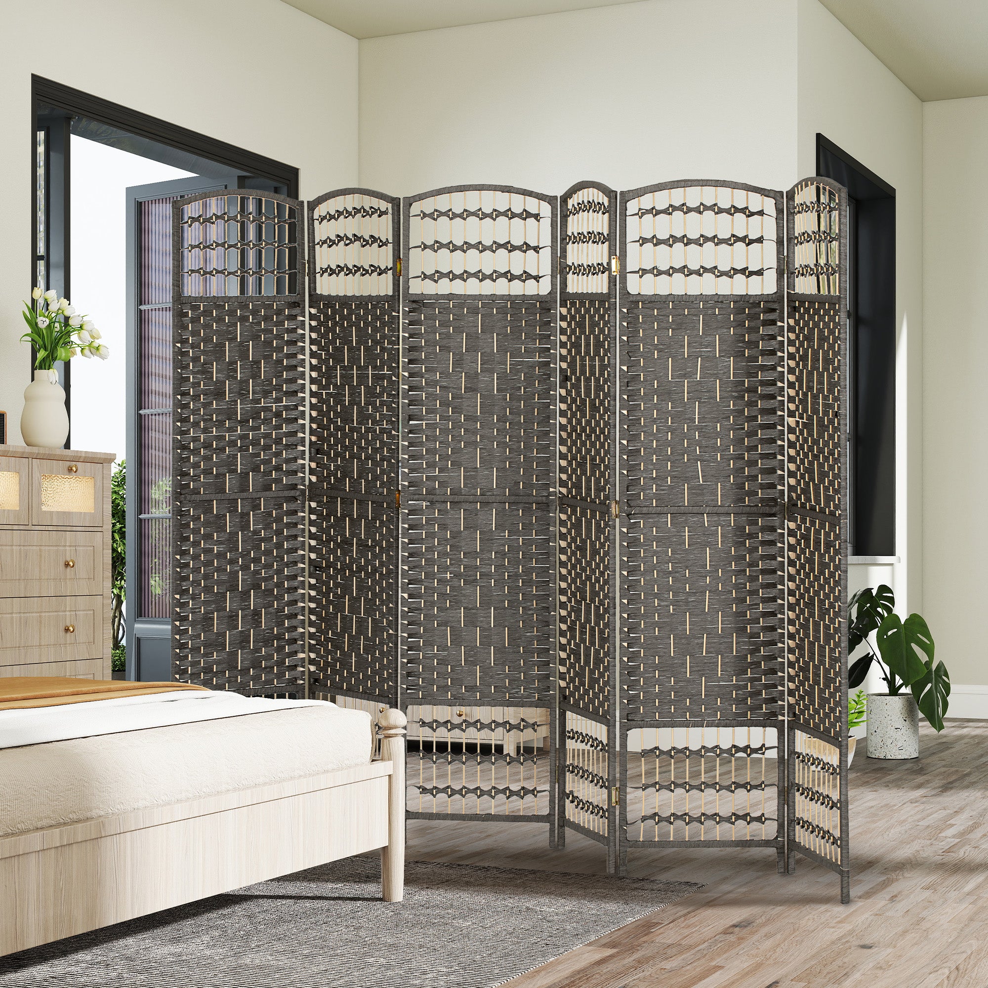 6 Panel Folding Room Divider Portable Privacy Screen Wave Fiber Room Partition for Home Office Dark Gray