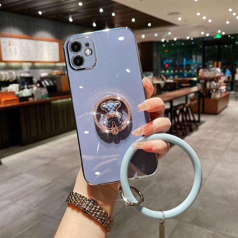 Electroplated Rhinestone Round Bracket Bear Cute High-level Luxury Protective Cover All-Inclusive Anti-Fall Soft Shell