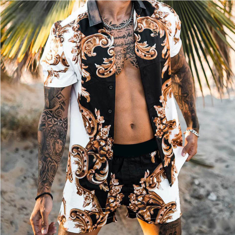 Print Lapel Short Sleeve Shirt Set Summer Mens Fashion Beach