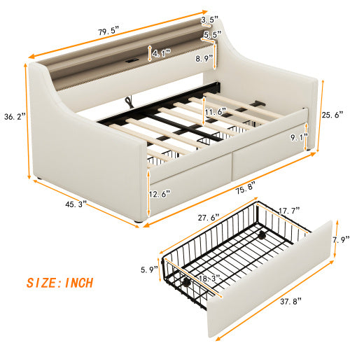 Twin Size Daybed With Storage Drawers, Upholstered Daybed With Charging Station And LED Lights, Beige