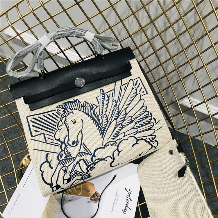 Classic Kelly Canvas With Leather Shoulder Diagonal Hand-Held Pegasus Graffiti Fashion Leather Handbags