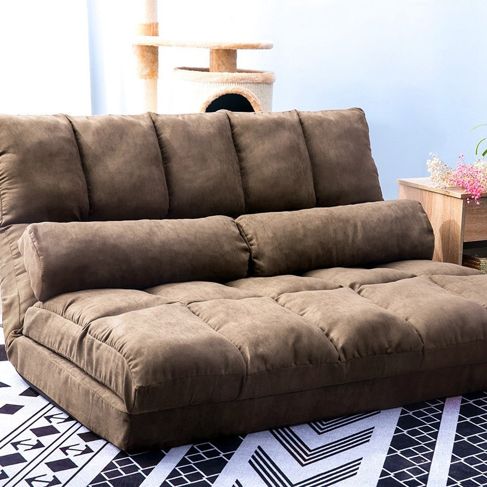 Double Chaise Lounge Sofa Chair Floor Couch with Two Pillows (Brown)