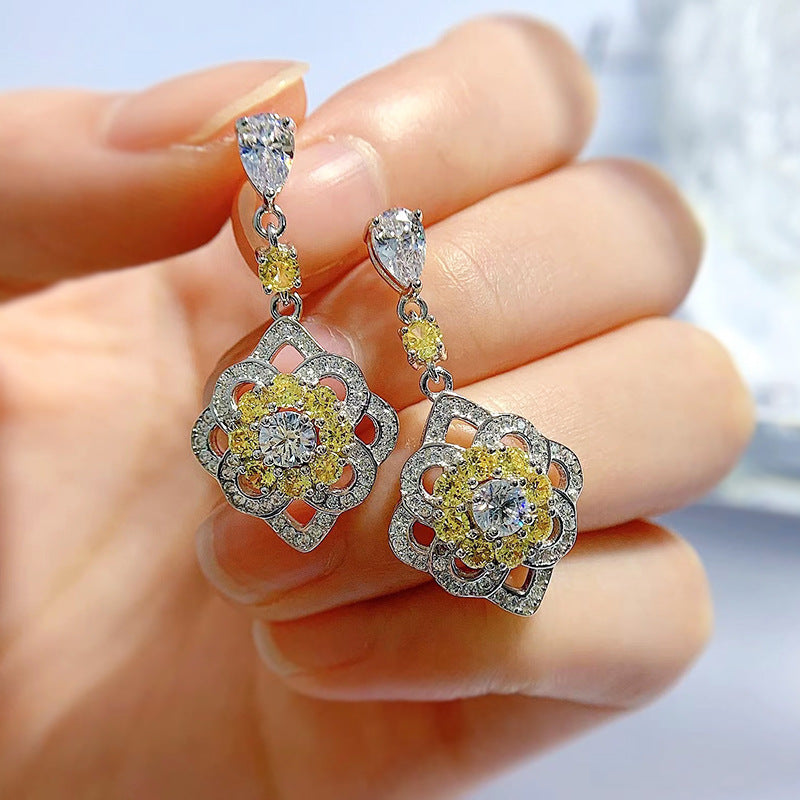 Sterling Silver Micro-Inlaid Yellow Diamond Ear Studs