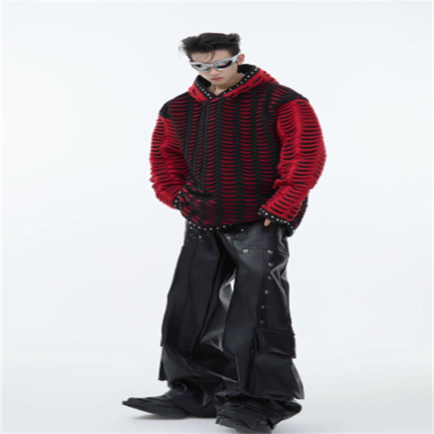 Contrast Color Knitted Hooded Sweatshirt With Metal Rivets For Women