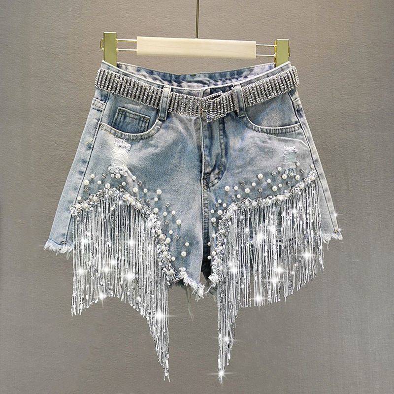 Heavy-Duty Beaded Sequined Tassel Ripped Copper Jeans
