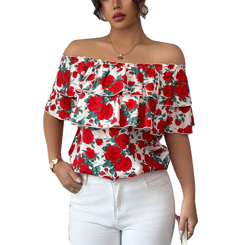 Off-Shoulder Short-Sleeved Shirt Double-Layer Ruffled Women's Clothing
