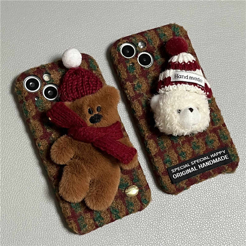 Autumn Winter Red Plush Plaid Hat Bear Drop-resistant Protection Mobile Phone Shell