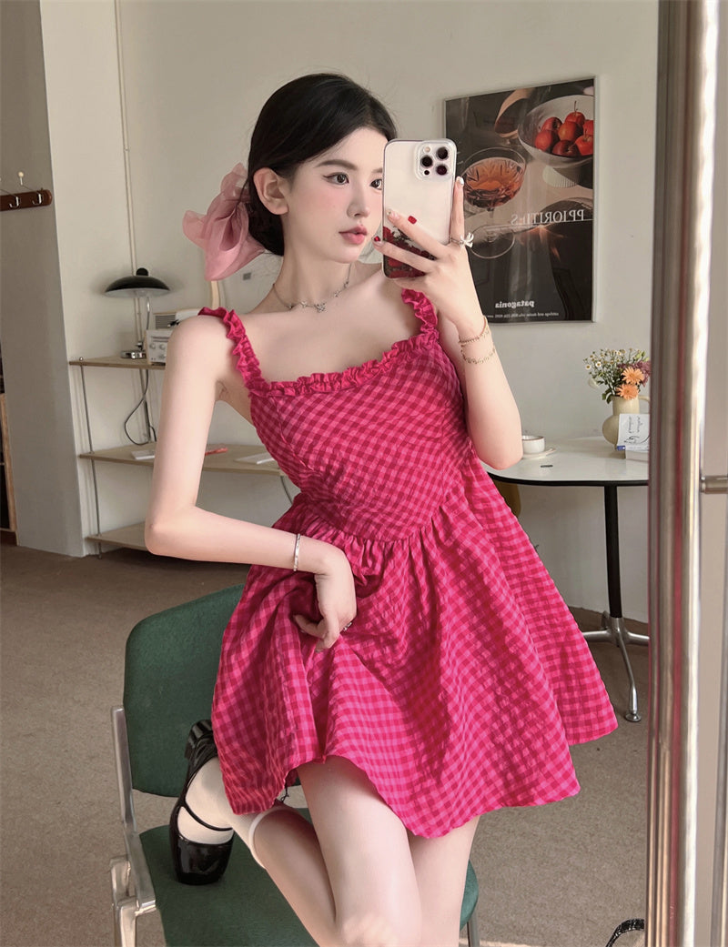 Women's Summer Plaid Fungus Suspender Dress