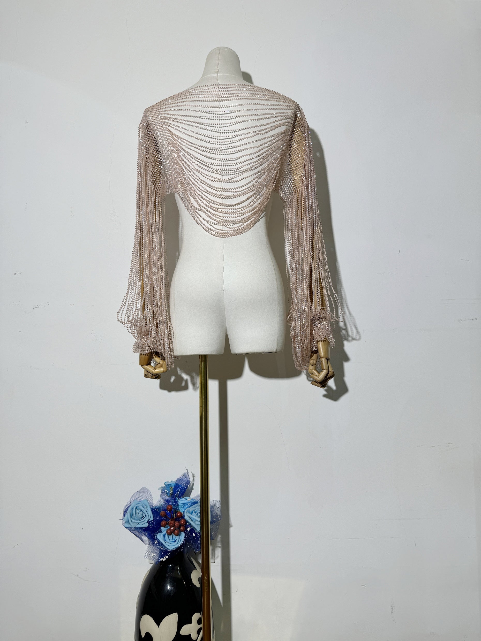 Diamond-Embellished Accessory Shawl Long-Sleeve Top