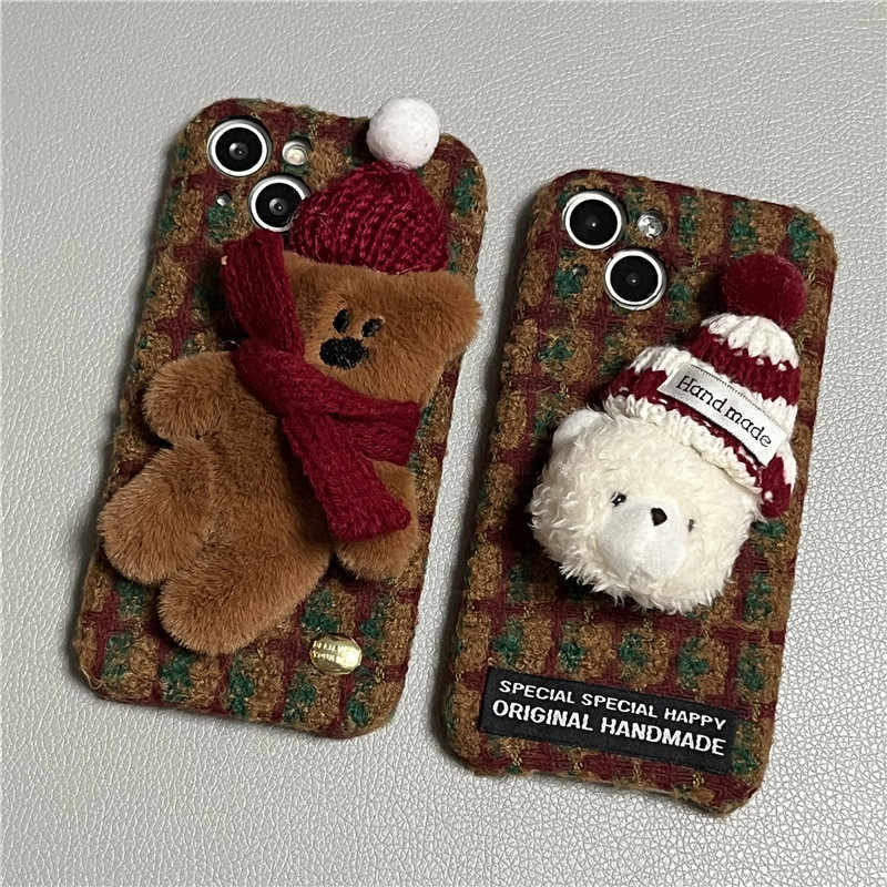 Autumn Winter Red Plush Plaid Hat Bear Drop-resistant Protection Mobile Phone Shell