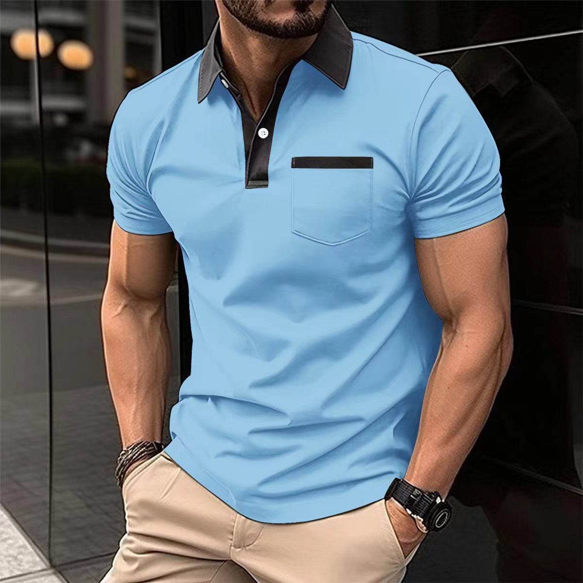 Lapel Fashion Slim Pocket Short-Sleeved T-Shirt Polo Shirt Men Clothing