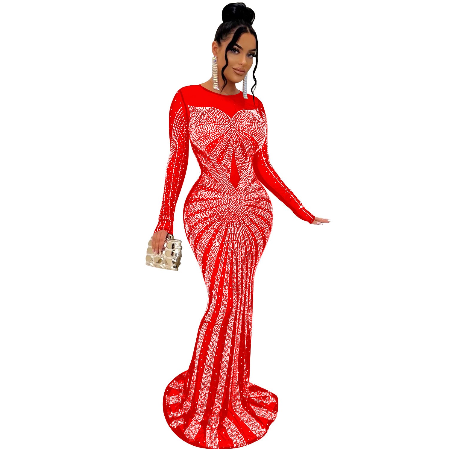 Women's Solid Color Mesh See-through Hot Drill Long-Sleeved Long Dress
