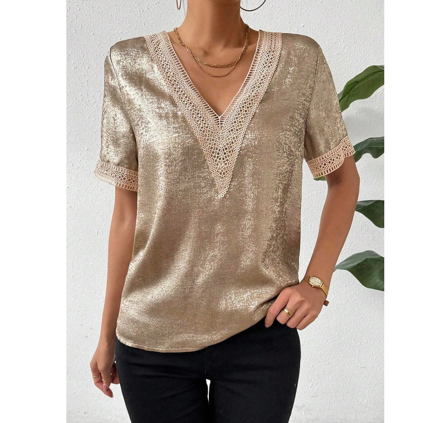 Women's Comfortable Elegant Lace V-Neck Stitching Short Sleeve