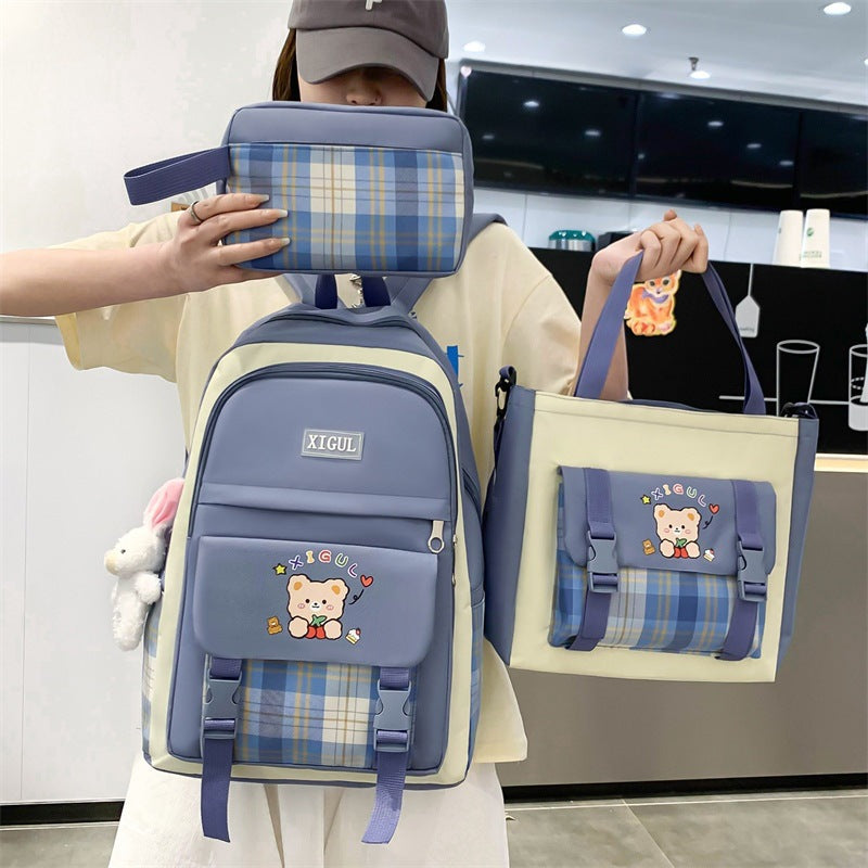 Large Capacity High School Plaid Three-Piece Set Junior High School Student Elementary School Studebt Backpack