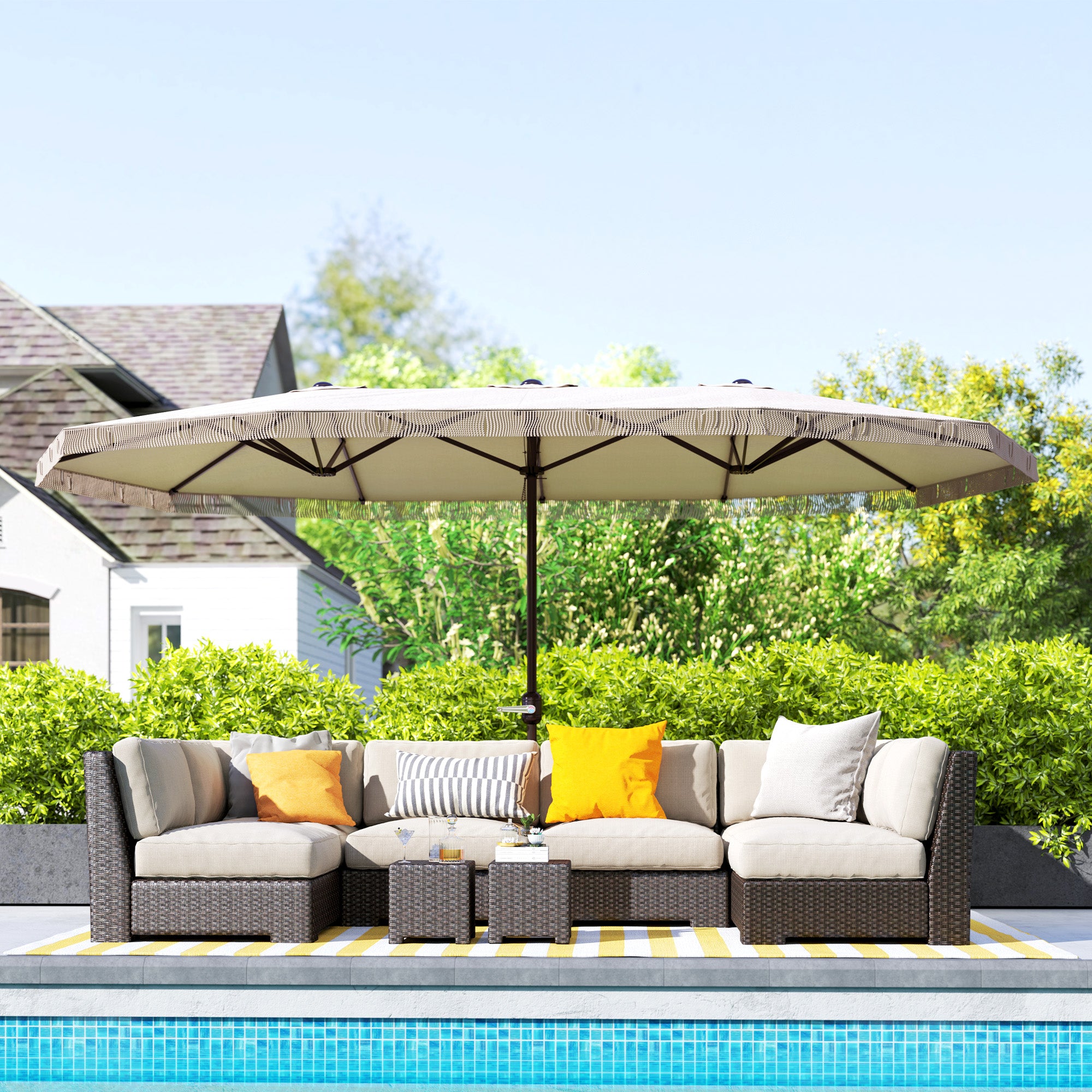 15ft Rectangle Patio Umbrella UPF30+ Extra Large Outdoor Umbrella with Fringe and Crank Handle, Cream White