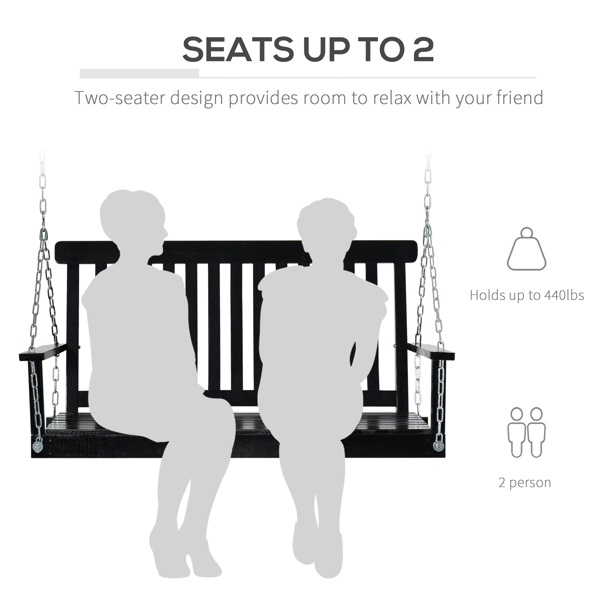 2-Seater Hanging Porch Swing Outdoor Patio Swing Chair Seat with Slatted Build and Chains, 440lbs Weight Capacity, Black