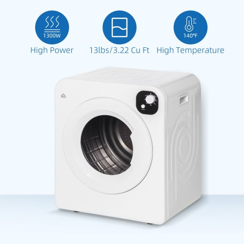 HOMCOM Portable Clothes Dryer, 120V 1300W Compact Laundry Dryer With Intelligent Drying, 3.2 Cu.ft Stainless Steel Drum, Front Load Electric Dryer For Apartments, Dorms, RVs, White