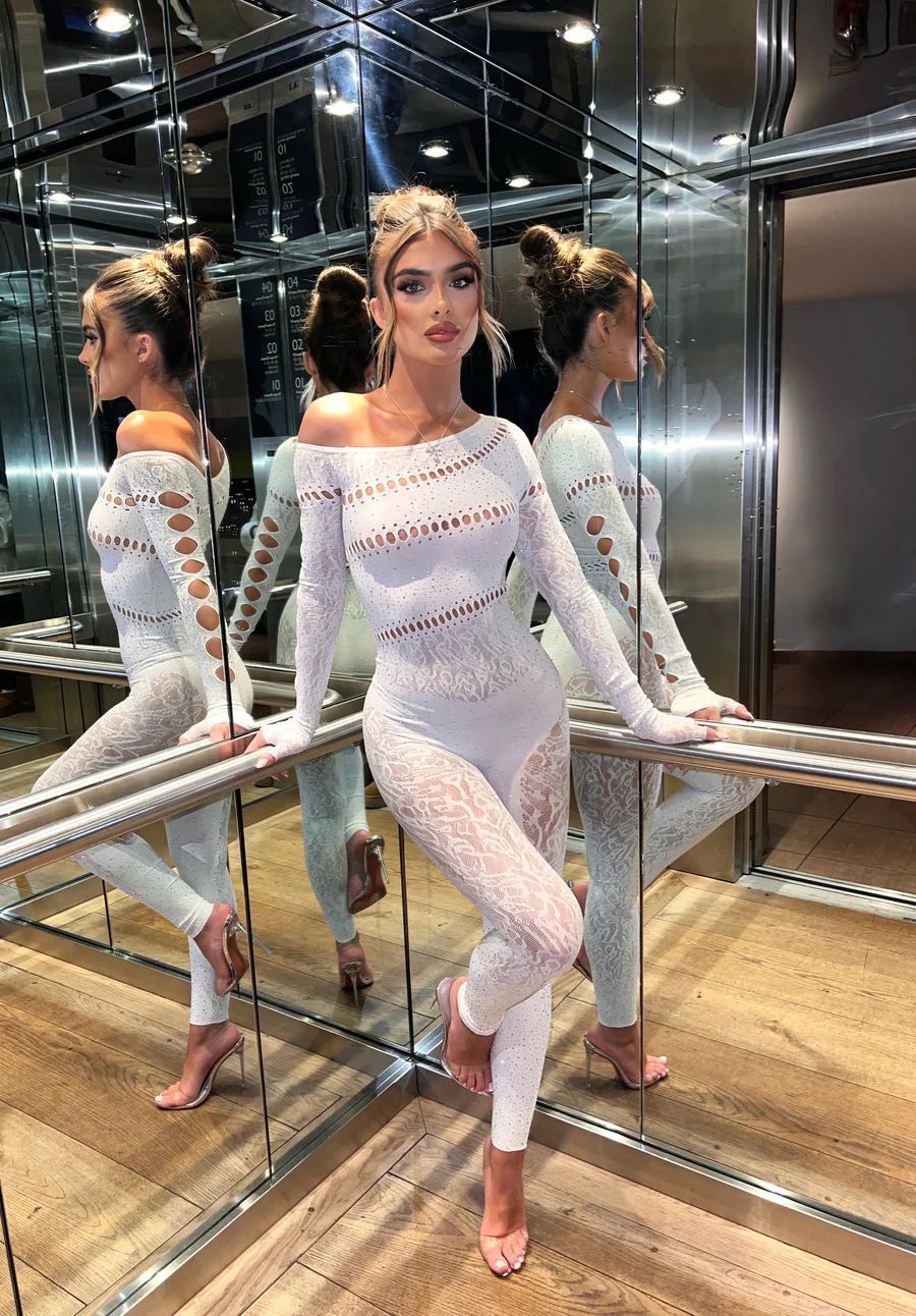 One-Piece Long Sleeves Hot Rhinestone Shiny Fishnet Clothes Sexy Lingerie