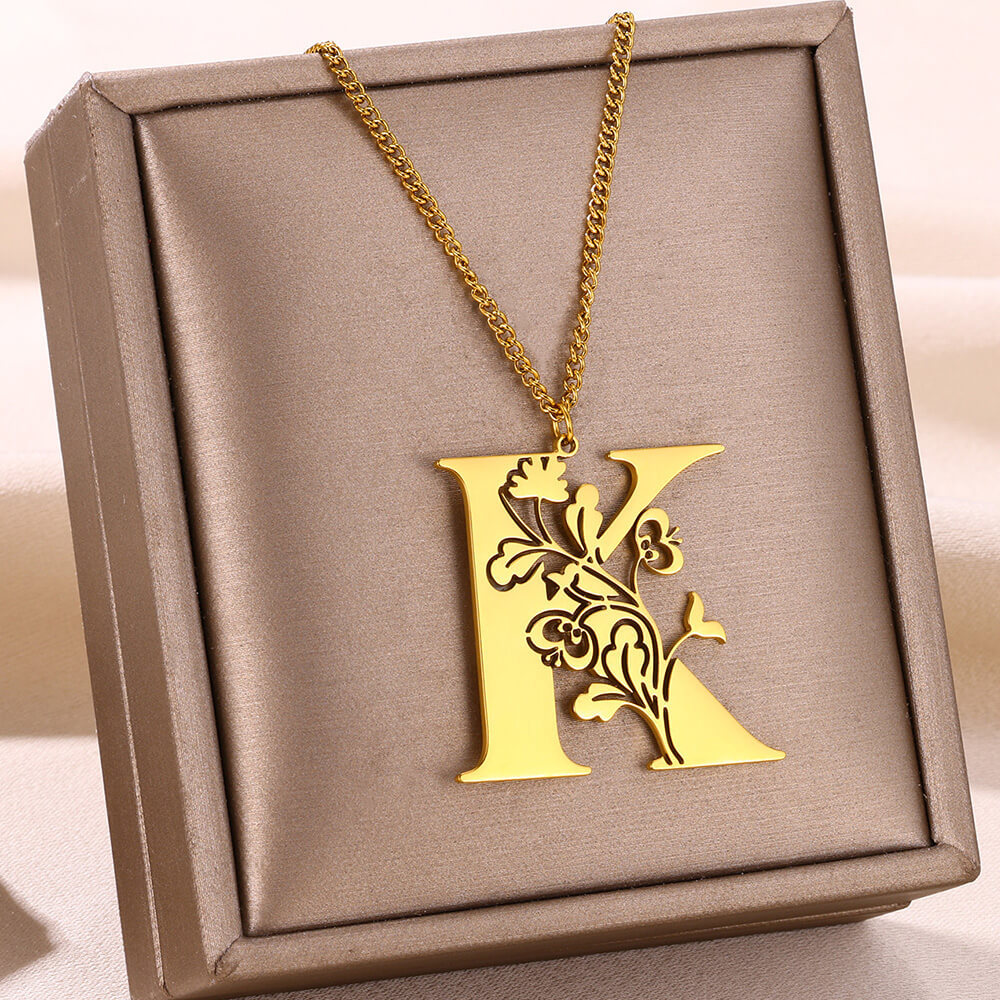 Stainless Steel 26 English Flower Letter Necklace