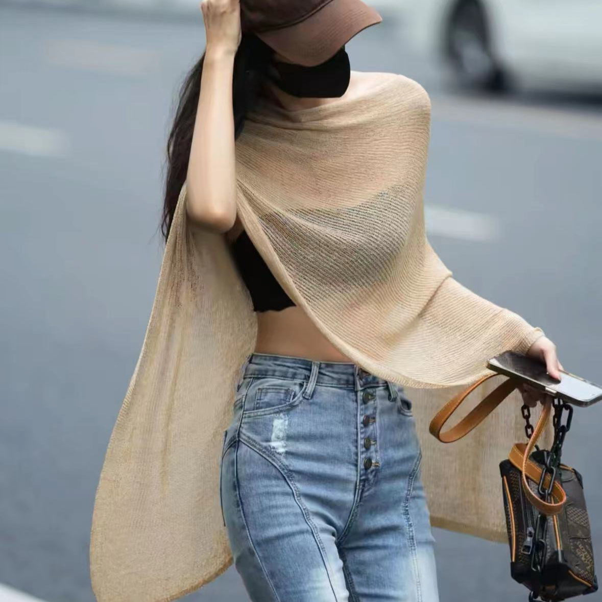 Korean Style Sense Of Design Irregular Sunscreen Shawl Knitted Top