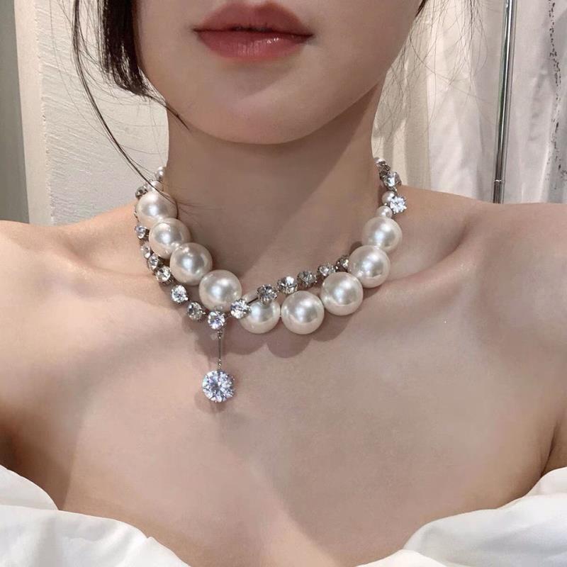 New Rhinestone Pearl Tassel Double-Layer Necklace