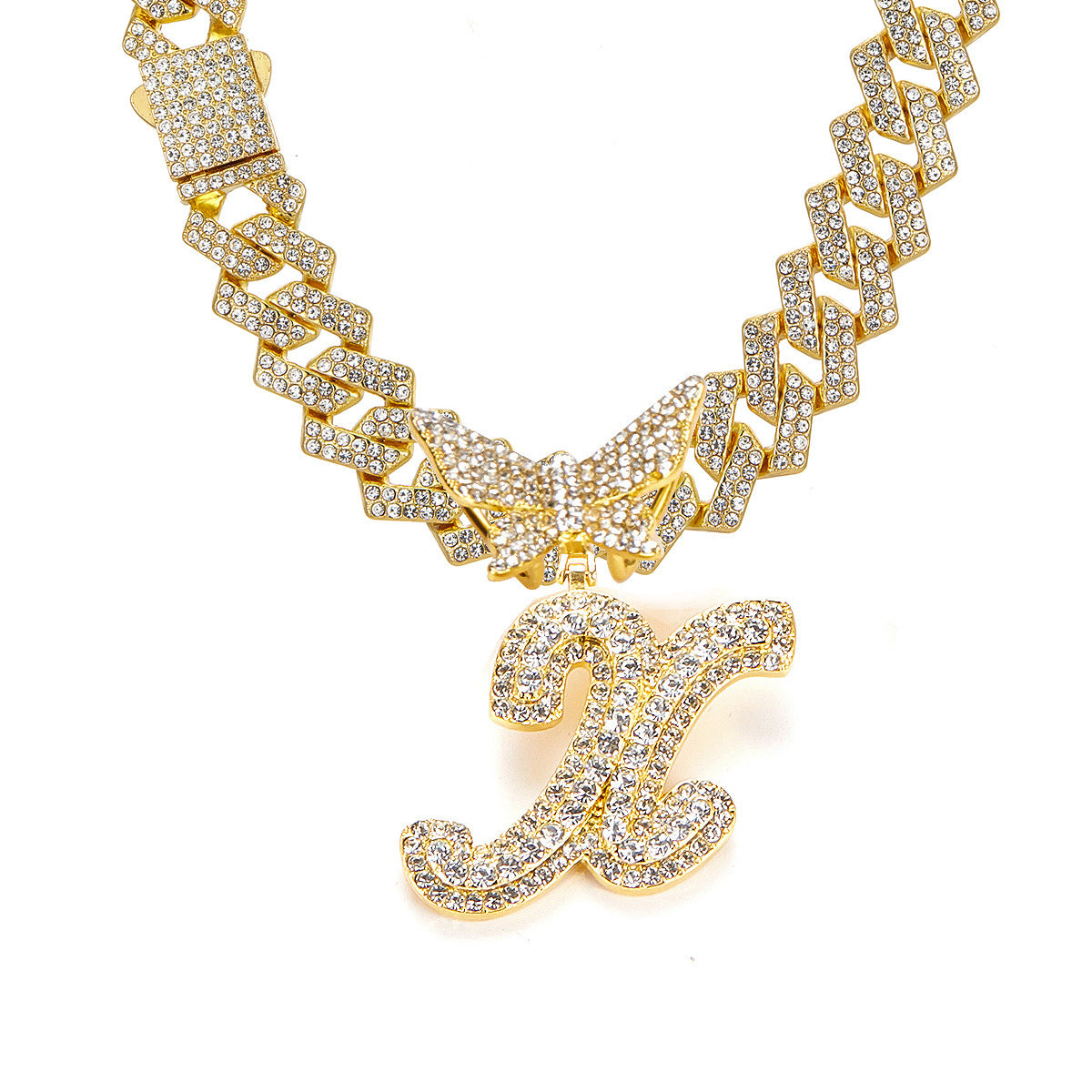English Letter Alloy Rhinestone Pendant Necklace Butterfly