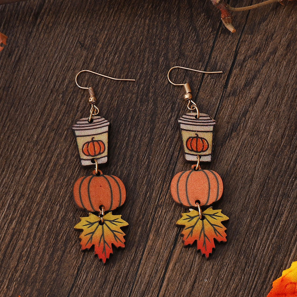 Pumpkin Maple Leaf Coffee Cup Earrings