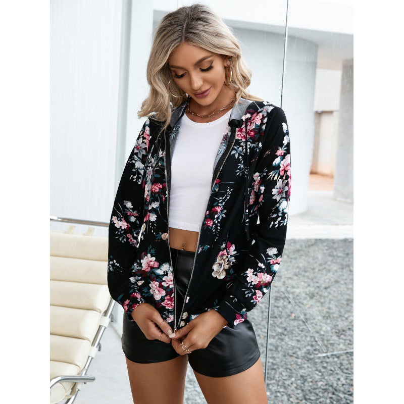 Zip Cardigan Jacket With Printed Hooded Sweatshirt