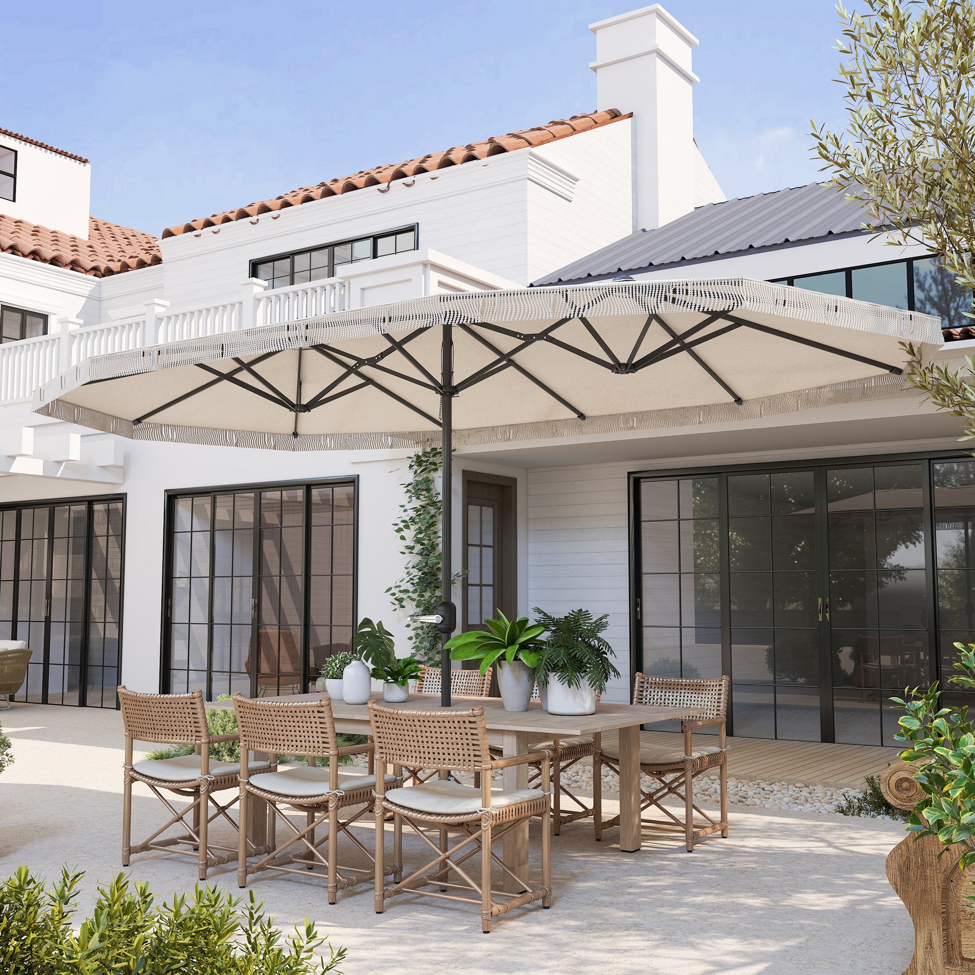 15ft Rectangle Patio Umbrella UPF30+ Extra Large Outdoor Umbrella with Fringe and Crank Handle, Cream White