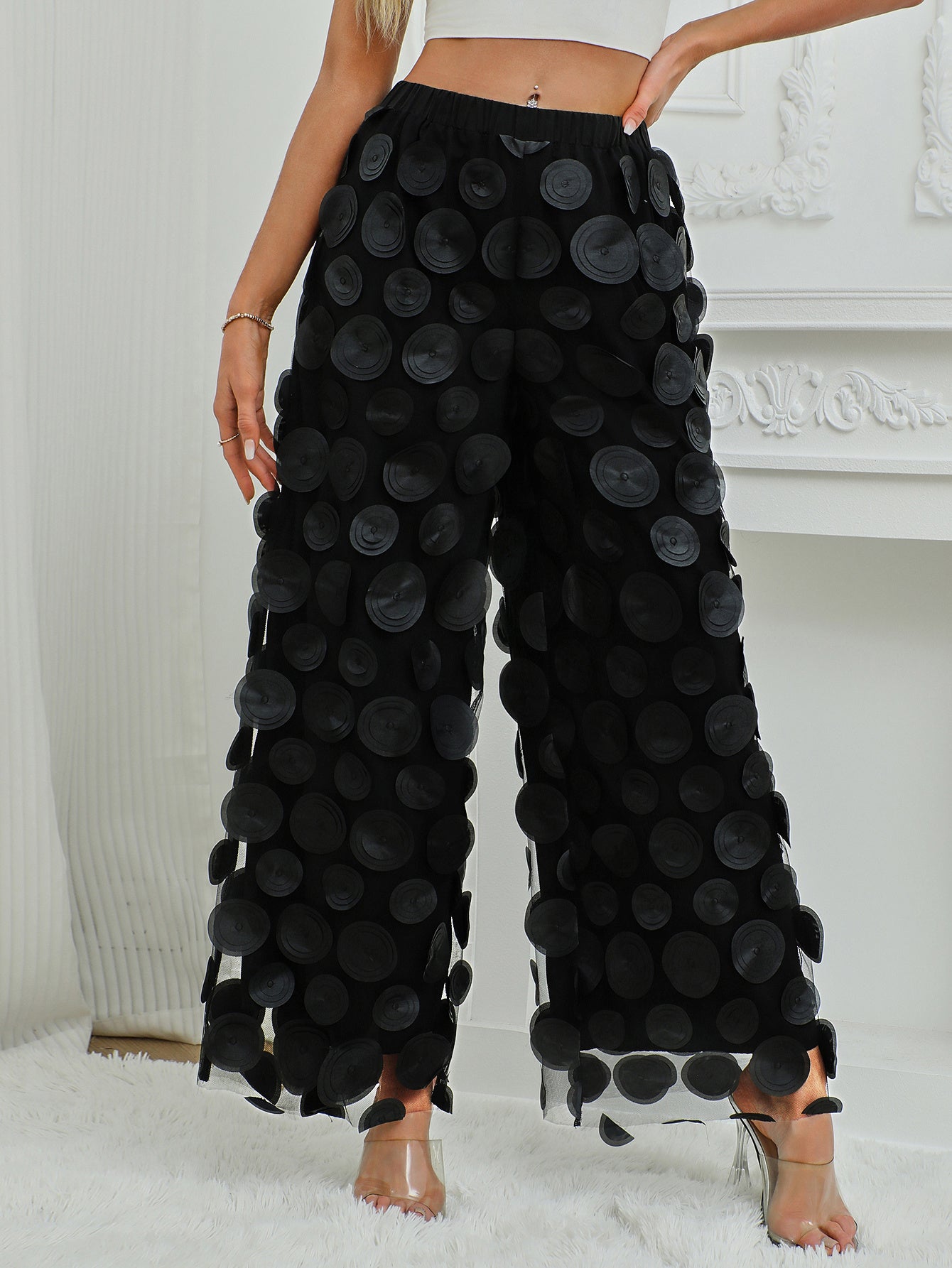 Fashionable Temperament Round Piece Design Tassel Hollowing High Waist Straight Ladies Pants