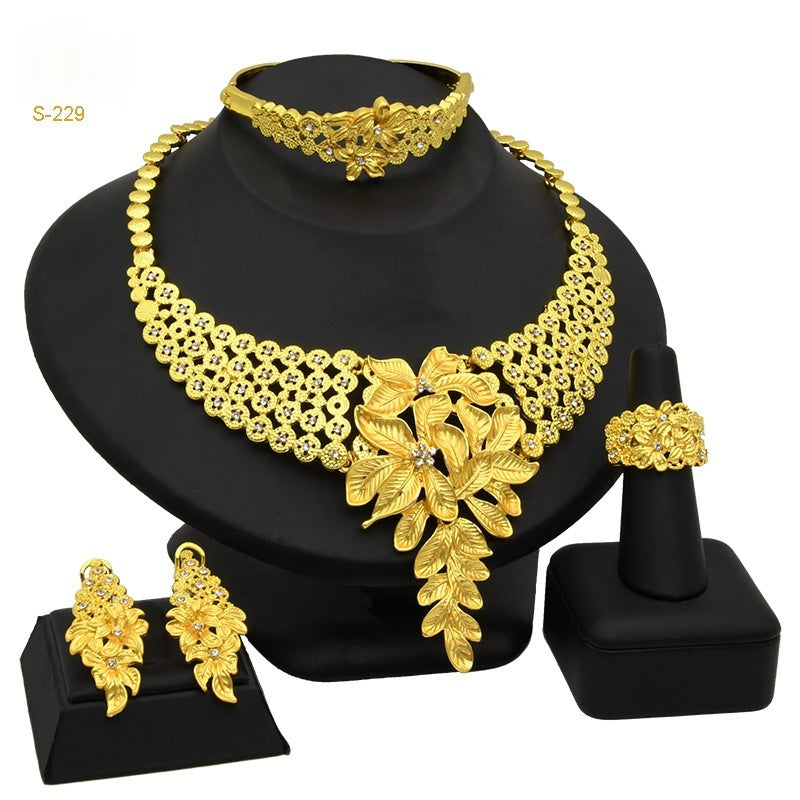 Women's Saudi Bridal Necklace Bracelet Earrings Four-Piece Ring Set