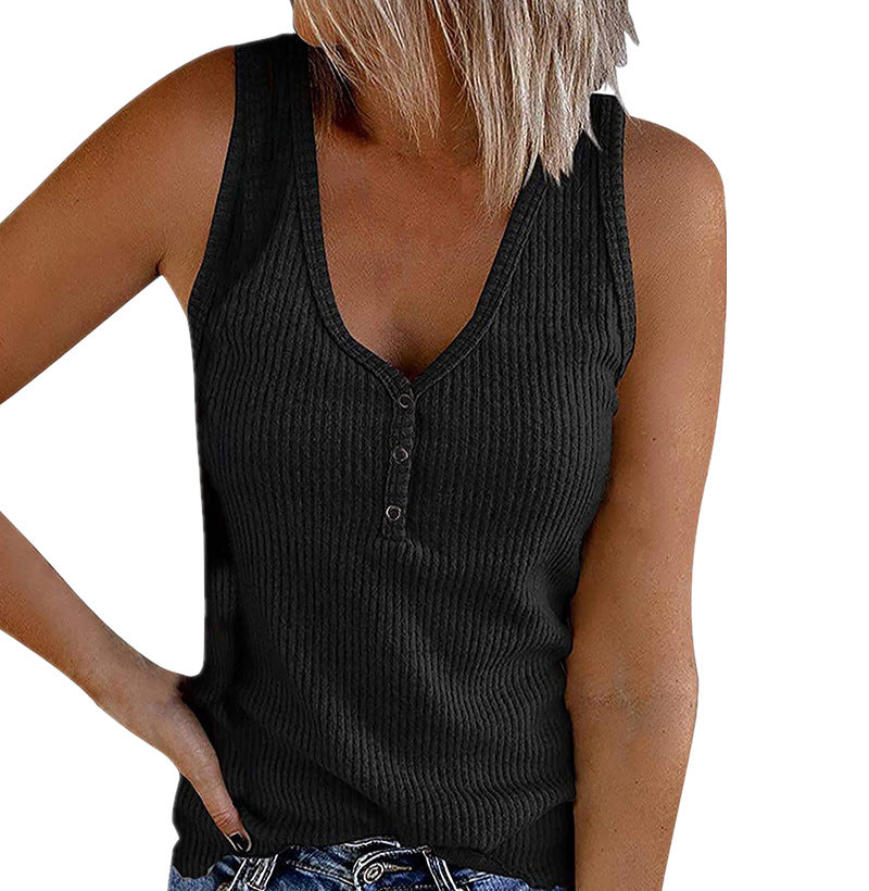 Summer New Women's Button Vest V-Neck Sleeveless T-shirt