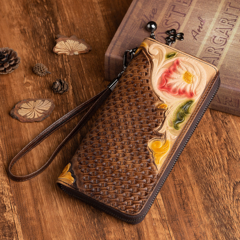 Fashion Retro Hand-Painted Tree High Leather Mid-Length Clutch Purse