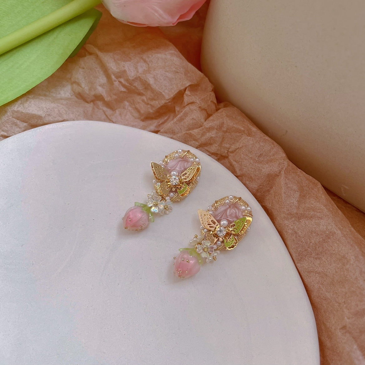 Butterfly Garden Strawberry Blooming Pearl Earrings