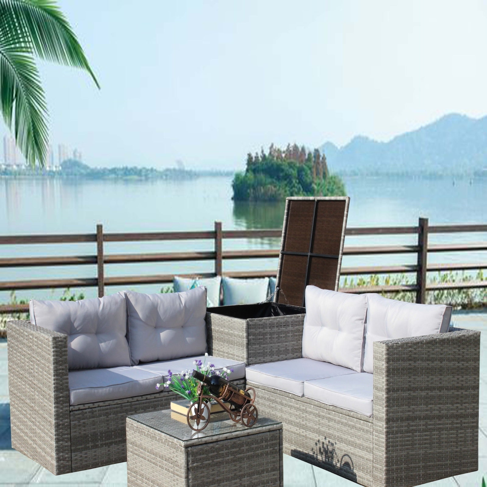 4Pc Patio Sectional Wicker Rattan Sofa Set W  Storage Box Grey