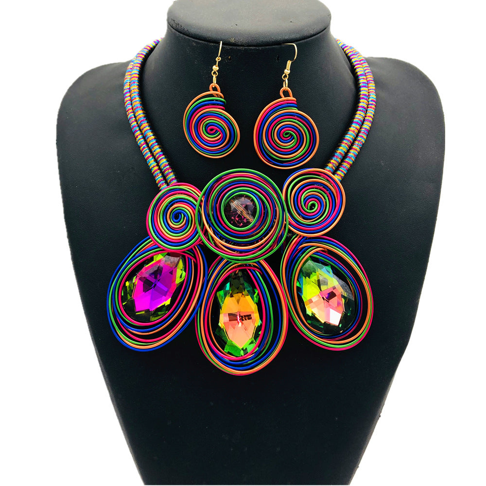 Aluminum Wire Magic Color Glass Exaggerated Choker Set