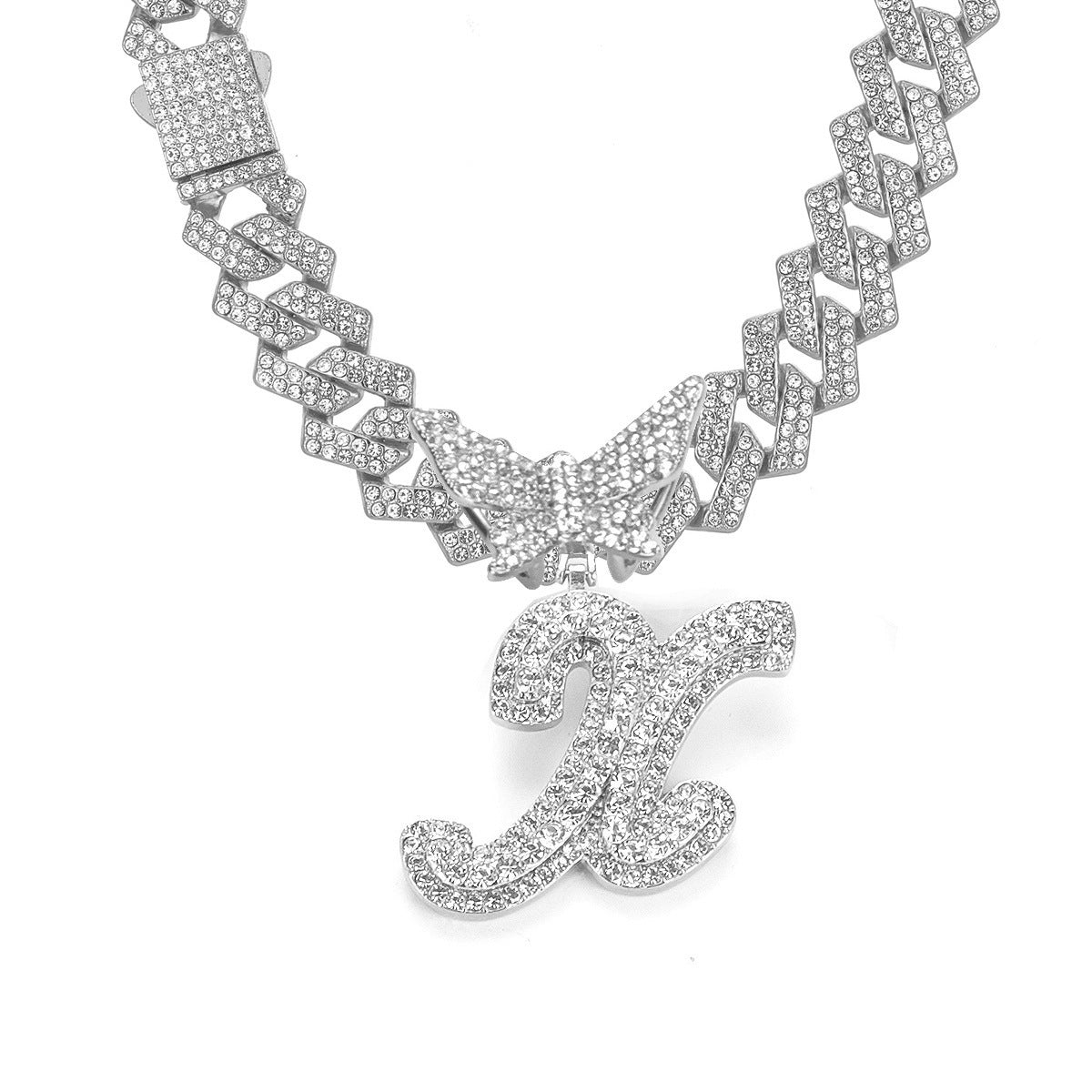 English Letter Alloy Rhinestone Pendant Necklace Butterfly