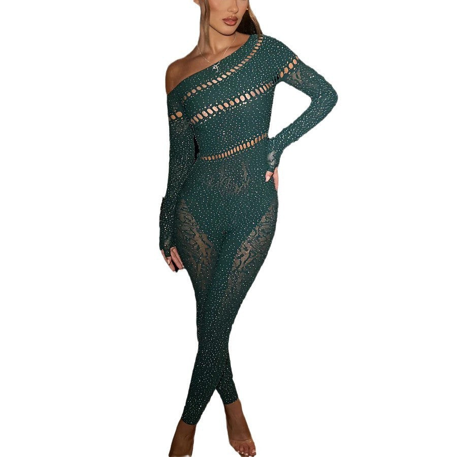 One-Piece Long Sleeves Hot Rhinestone Shiny Fishnet Clothes Sexy Lingerie