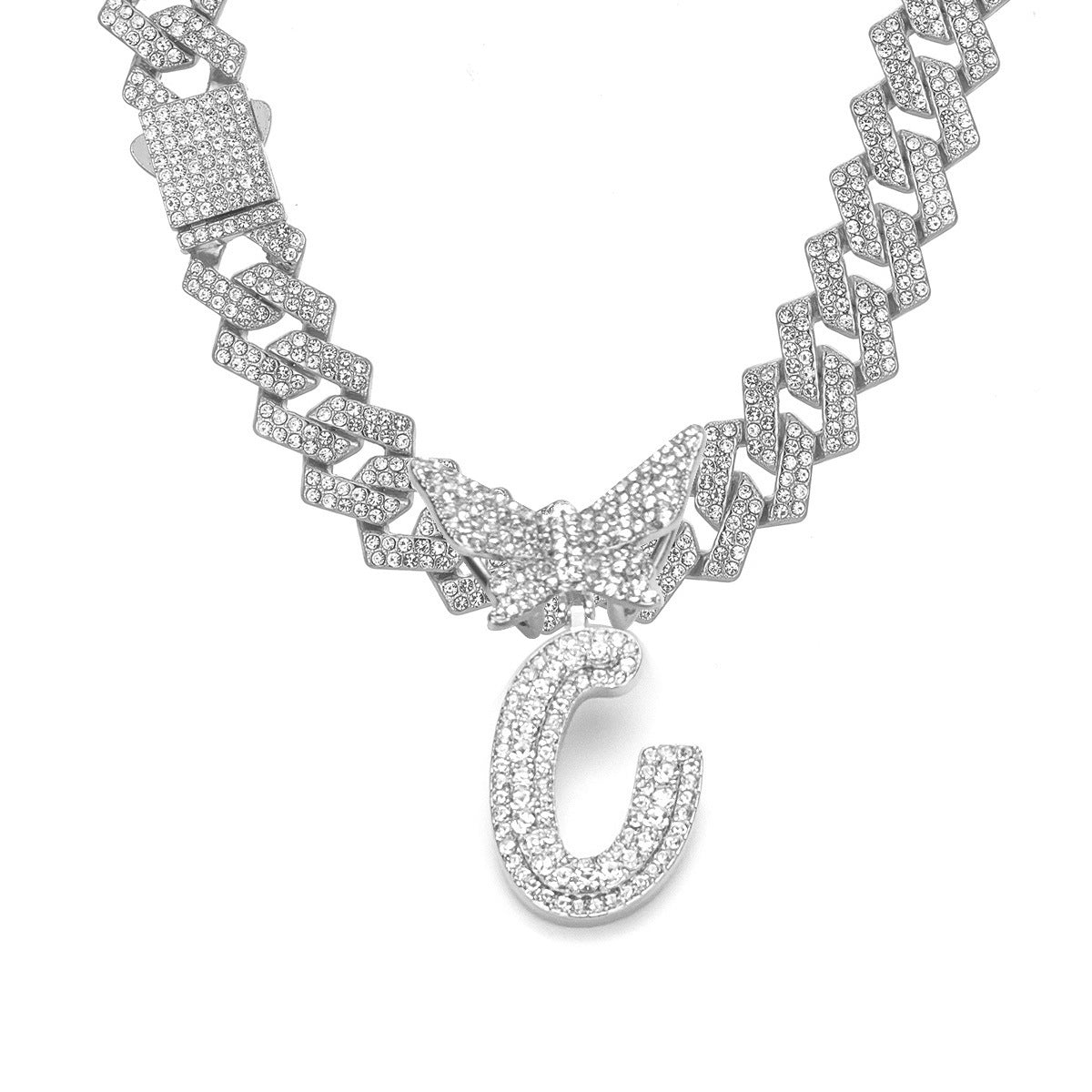 English Letter Alloy Rhinestone Pendant Necklace Butterfly