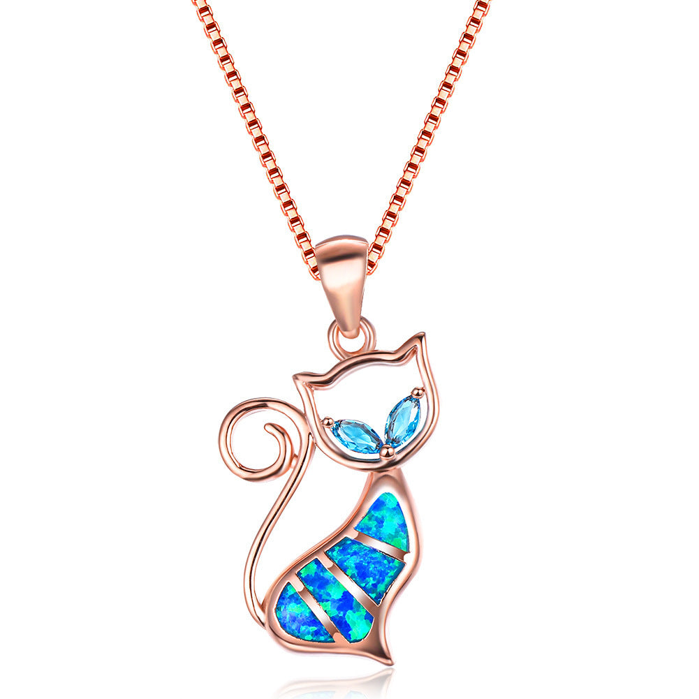 Two Aqua Blue Diamonds + Blue Opal Cat Pendant Necklace